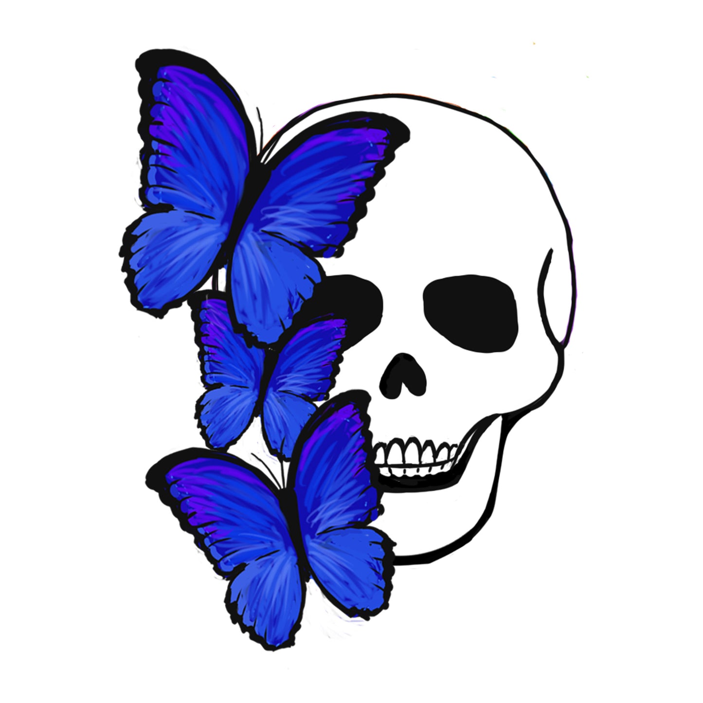 Skull with blue butterflies on a white background