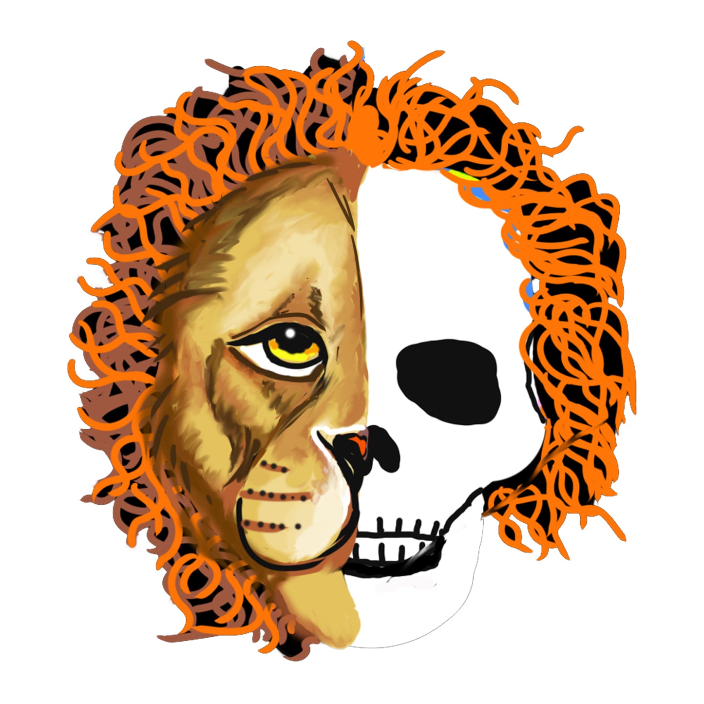 Lion's head with a skeleton face surrounded by orange and black patterns on a white background