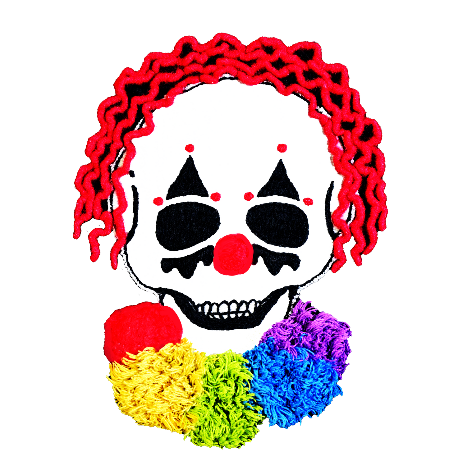 Skull with colorful hair and pom-poms on a white background