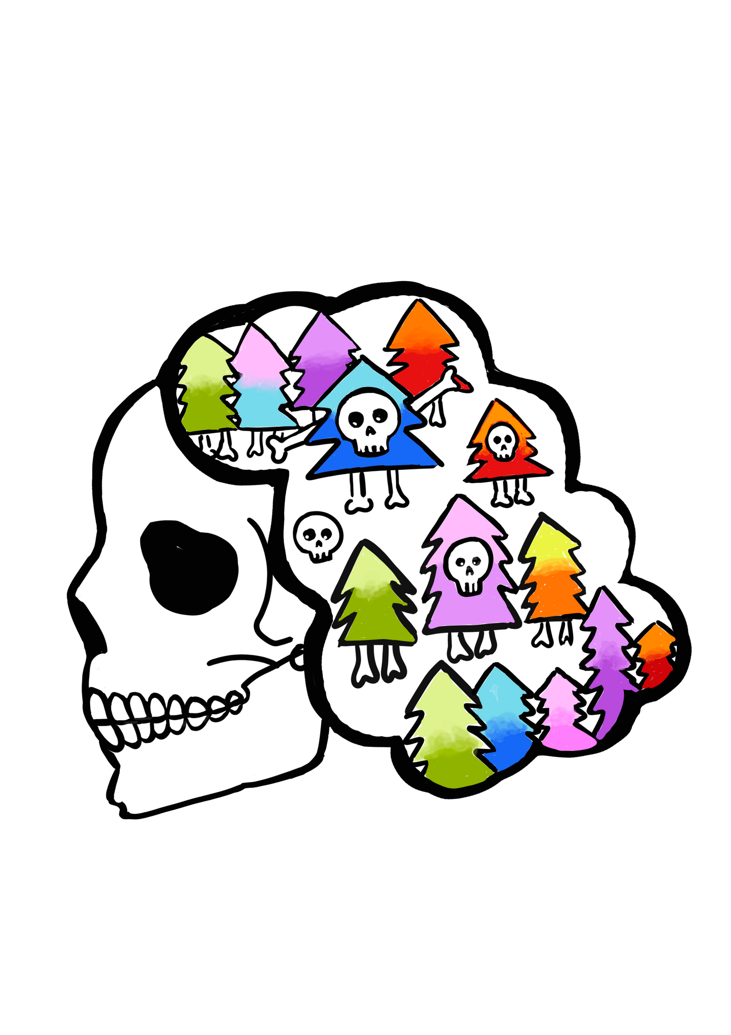 Colorful illustration of a skull with abstract designs and trees in the hair on a white background